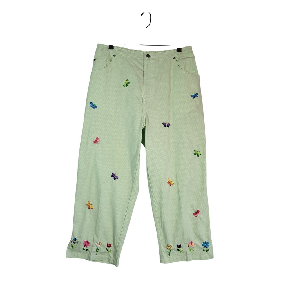 Quacker Factory Butterfly Gingham Capri Pants Large Green Floral Embroidered NEW